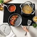 Hybrid nonstick surfaces deliver effortless food release and easy cleanup.