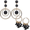 Gold Hoop w/ Black Tassels & Black Ball Drop Elliptical Earrings