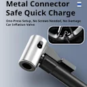 One-touch metal connector locks securely onto tire valves.