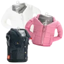 Pewter Denim Vest / Sandy White Puffy Jacket / Dusty Rose Puffy Jacket