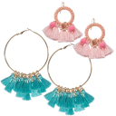 Hoop w/ Turquoise Tassel Drop & Pink Tassel Drop Earrings