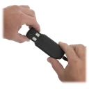 The 3 included batteries have an easy release, to slide into and out of the USB charger with just a click.