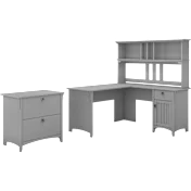 Salinas 60W L Shaped Desk with Hutch and Lateral File Cabinet in Cape Cod Gray