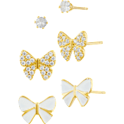 Savvy Cie 3-Piece Pave, Enameled & High Polish Bow Stud Earrings