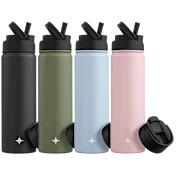4-Pack: JoyJolt 22oz Water Bottle with Flip Lid & Sport Straw Lid