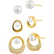Savvy Cie 3-Pair Pearl Stud Earrings with High Polish & Pave Asymmetric Halo