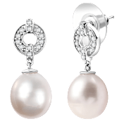D'Joy Freshwater Pearl & White Zircon Sterling Silver Earrings 0.50ctw