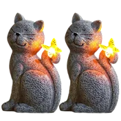Paquete de 2: Estatua de Gato para Jardín Nacome con Mariposa Solar Iluminada
