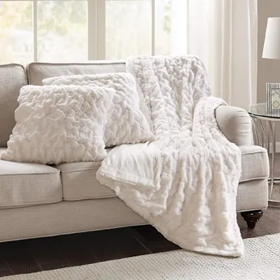Comfort Spaces Ruched Faux Fur Throw & Pillow Cover Set