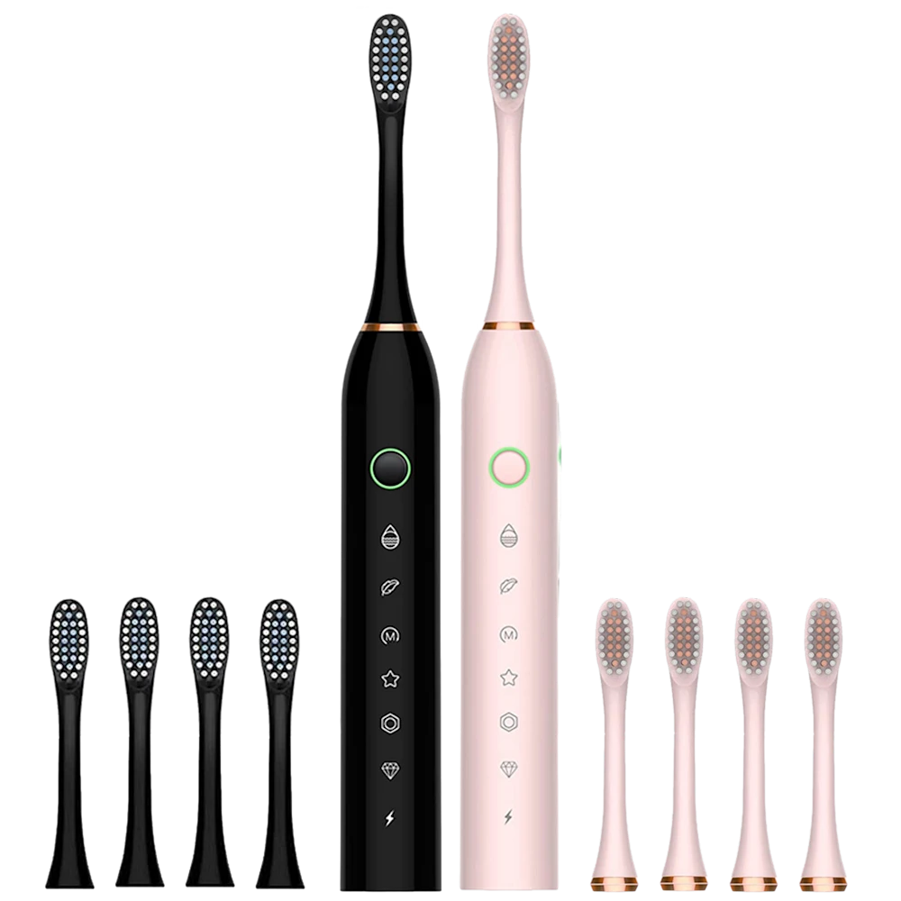 2-Pack: Ultrasonic Rechargeable Toothbrush Set with 8 Total Brush Heads