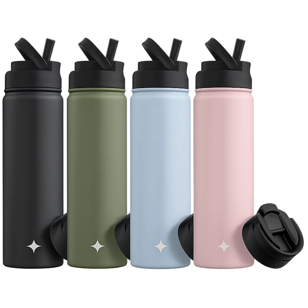 4-Pack: JoyJolt 22oz Water Bottle with Flip Lid & Sport Straw Lid