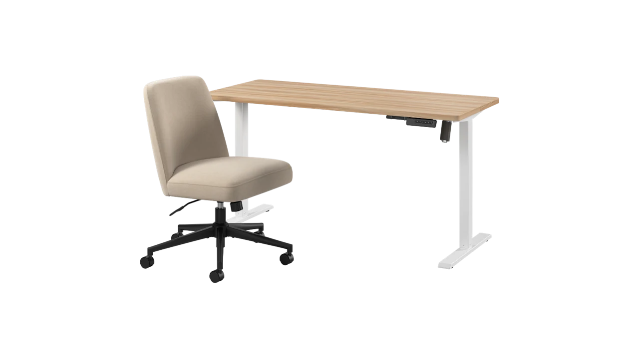 Energize 55W x 24D Electric Height Adjustable Standing Desk & Chair Set in Maple