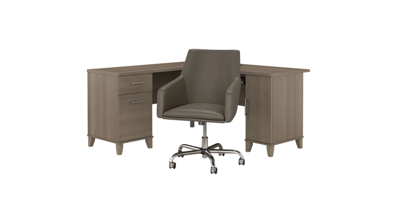 Somerset 60W L Shaped Desk with Mid Back Leather Box Chair in Ash Gray