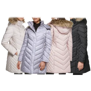 Kenneth Cole Mid-Length Chevron Quilted Puffer Jacket with Faux Fur Trim