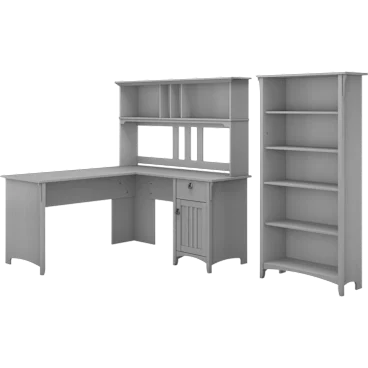 Salinas 60W L Shaped Desk with Hutch and 5 Shelf Bookcase in Cape Cod Gray