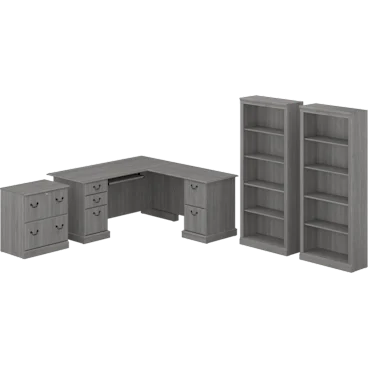 Saratoga L Shaped Computer Desk with File Cabinet and Bookcase Set