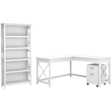 Key West 60W L Shaped Desk + 2 Drawer Mobile File Cabinet and 5 Shelf Bookcase