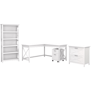 Key West 60W L Shaped Desk with File Cabinets and 5 Shelf Bookcase