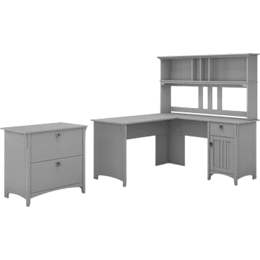 Salinas 60W L Shaped Desk with Hutch and Lateral File Cabinet in Cape Cod Gray