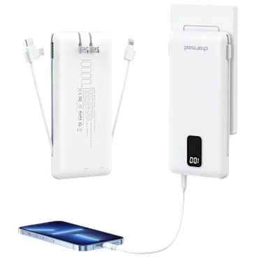 Charmast 10,000 mAh Power Bank with Built-in Cables & Wall Plug