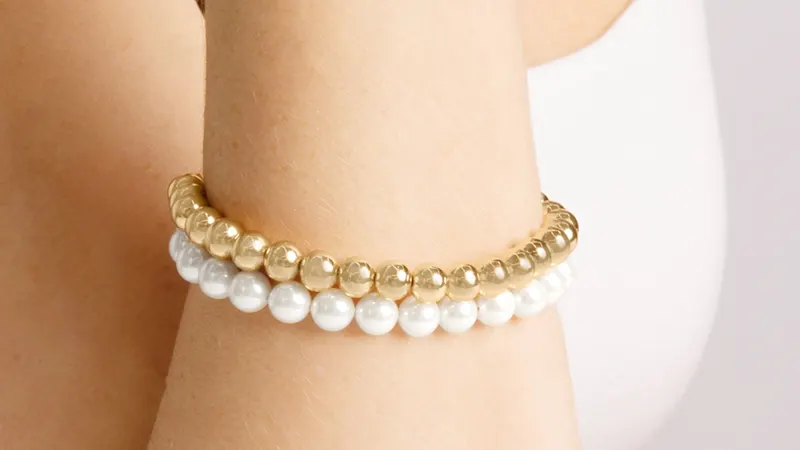 Martha Stewart Two Strand Pearl and Gold Ball 7" Bracelet