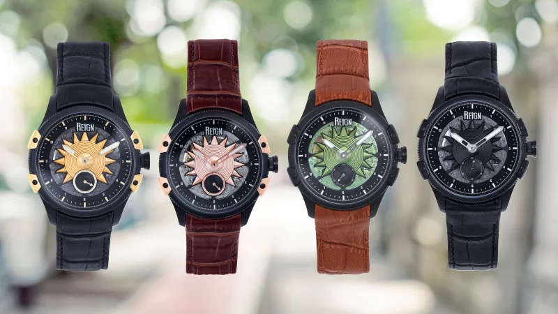 Reign Men's Solstice Skeletonized Leather-Band Watch