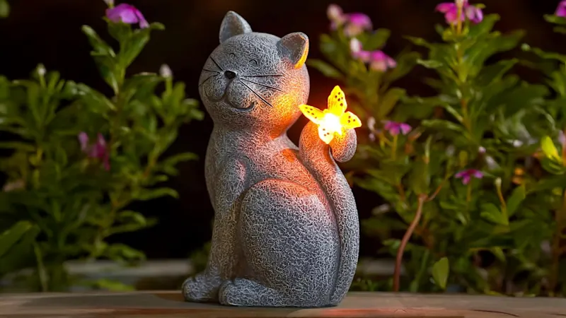 2-Pack: Nacome Outdoor Garden Cat Statue with Illuminated Solar Butterfly