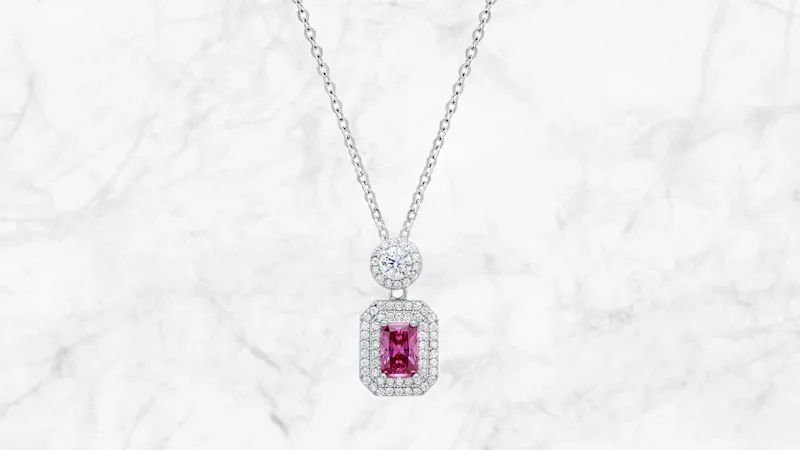 Saffron 1.0ct Pink Emerald Cut Diamond Halo Pendant Sterling Silver Necklace