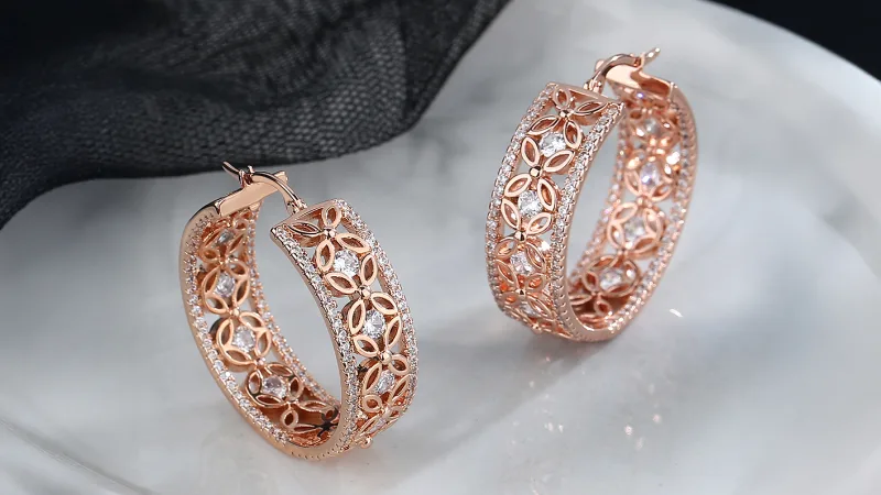 Rose And Lilly 14K Gold Plated Filigree Flower Crystal Hoop Earrings