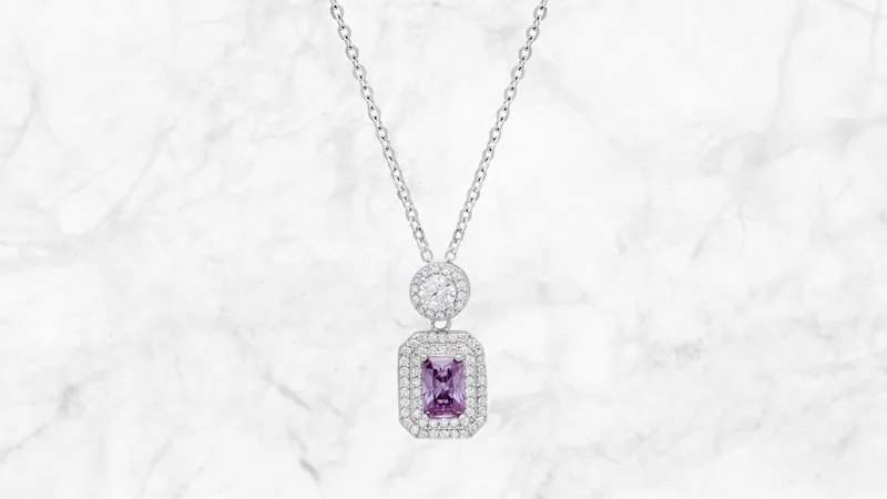 Saffron 1.0ct Violet Emerald Cut Diamond Halo Pendant Sterling Silver Necklace