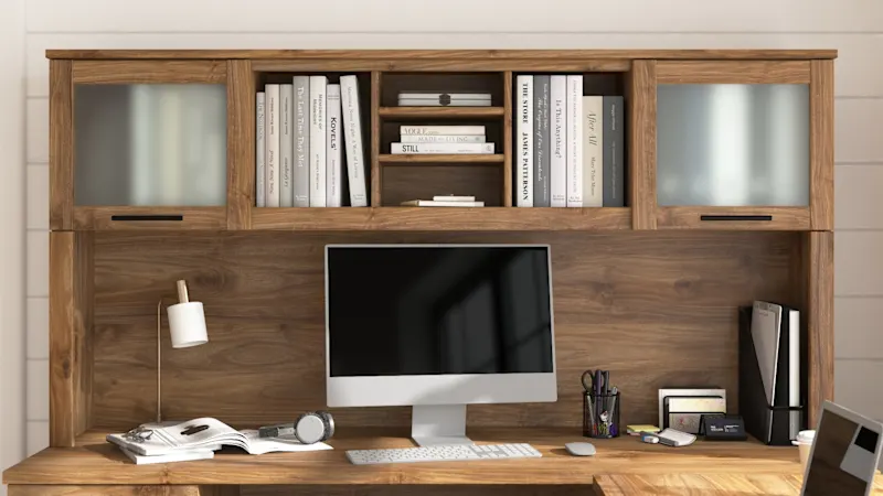Bush Home Somerset 72W L Shaped Desk with Hutch in Fresh Walnut