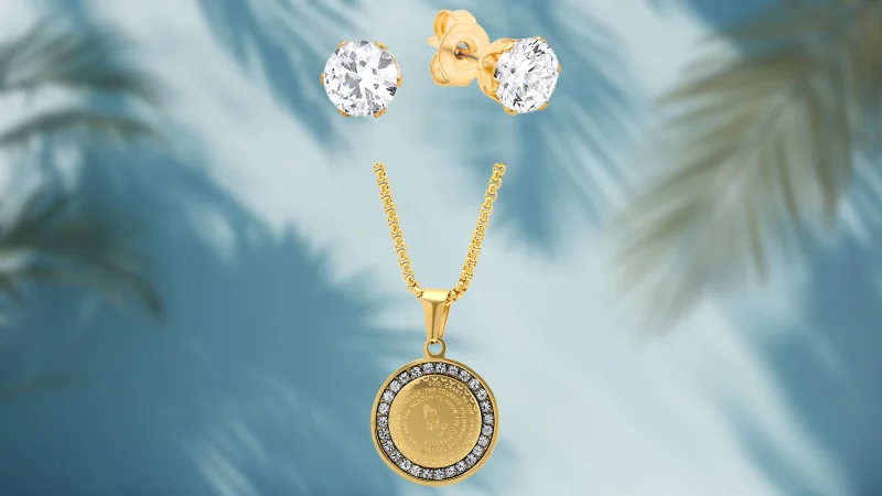 Steeltime Serenity Prayer Pendant & Simulated Diamond Stud Earrings Set