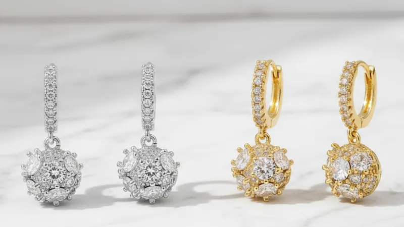 Steeltime Simulated Diamond Fire Ball Dangle Drop Huggie Hoop Earrings Set