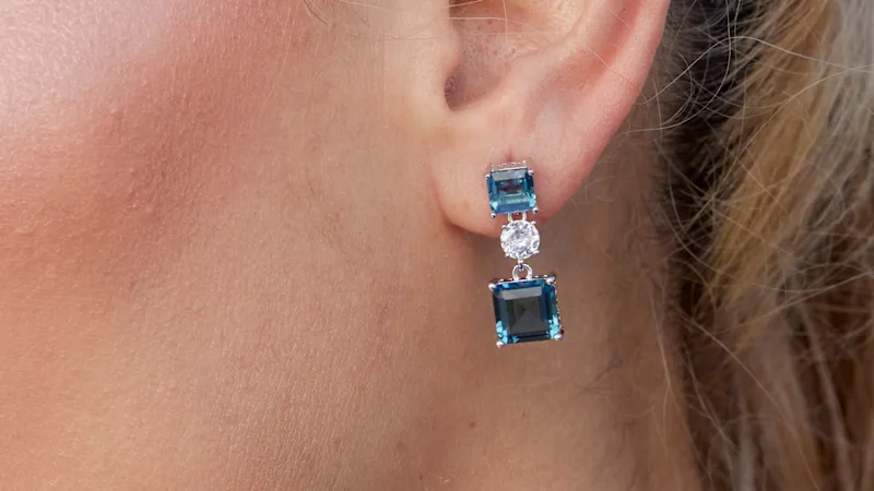 Savvy Cie Step Cut 3-Stone London Blue Cubic Zirconia Drop Earring