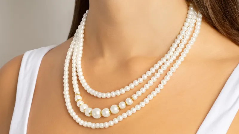 Martha Stewart Three Strand Pearl and Ball Gold Necklace