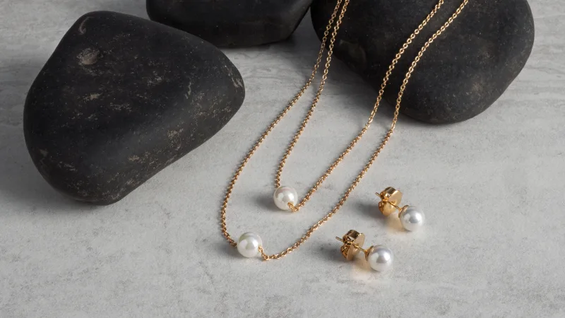 JOIA De Majorca 8mm Pearl Double Chain Necklace & Stud Earrings