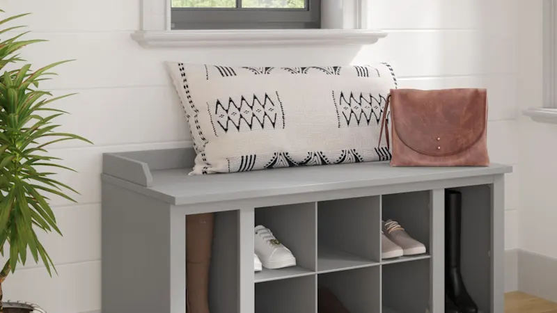 Woodland 40W Shoe Storage Bench with Shelves in Cape Cod Gray