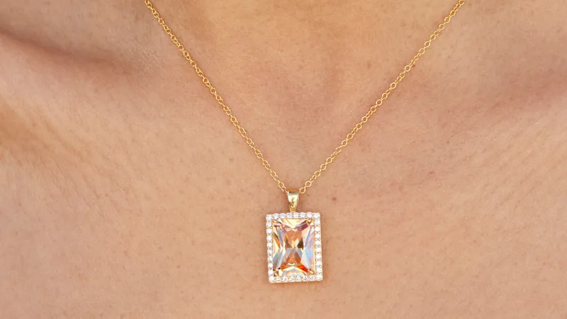 Savvy Cie Emerald Cut Champagne Cubic Zirconia Halo Necklace