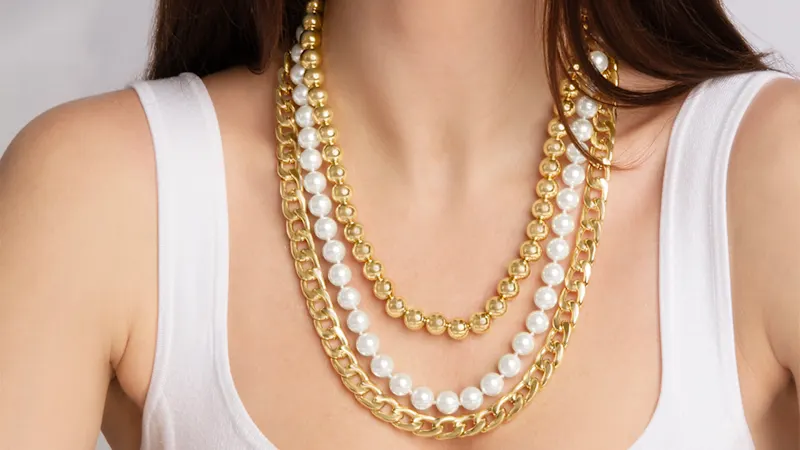 Martha Stewart Three Strand Pearl, Gold Ball and Chain Gold Necklace, 18"