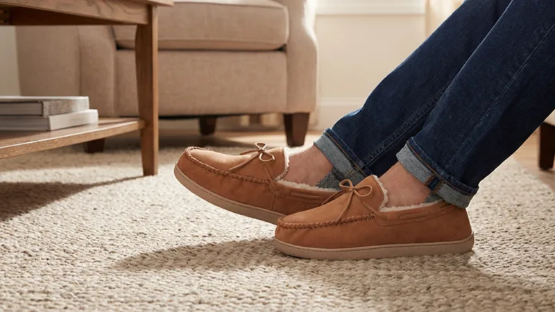 Floopi Mens Microsuede Moccasin Slippers with Bow