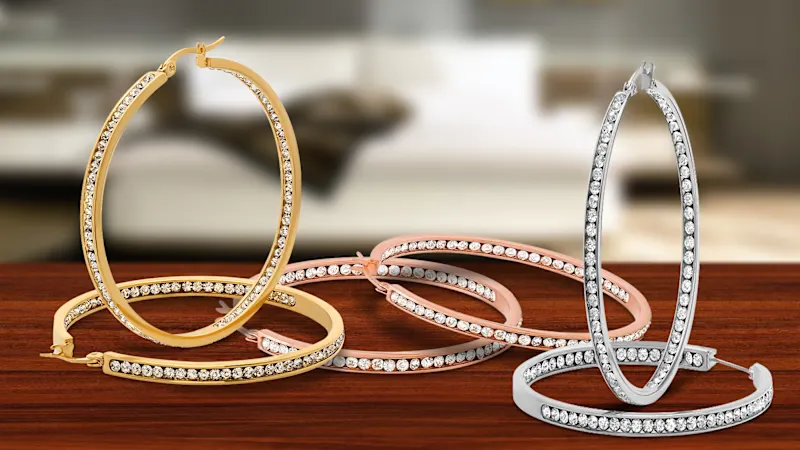 Steeltime Women's Stainless Steel In-And-Out Simulated Diamond Hoop Earrings
