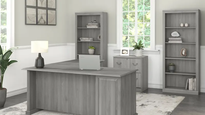 Saratoga L Shaped Computer Desk with File Cabinet and Bookcase Set