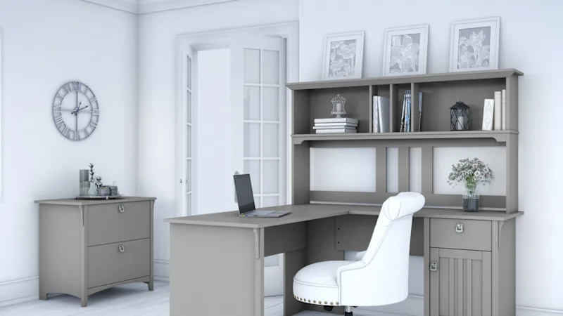 Salinas 60W L Shaped Desk with Hutch and Lateral File Cabinet in Cape Cod Gray