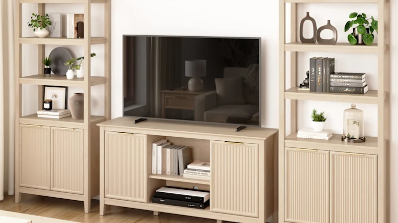 Camille Fluted TV Stand with Set of 2 Bookcases with Doors
