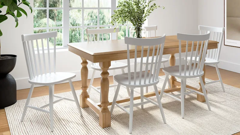 Sterling 67W Squire Trestle Dining Table with 6 High Back Spindle Dining Chairs
