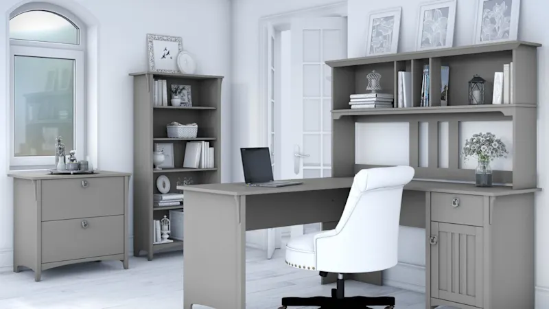 Salinas 60W L Shaped Desk with Hutch, Lateral File Cabinet and 5 Shelf Bookcase