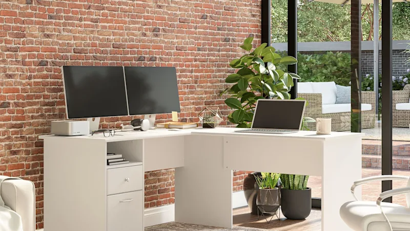 Cabot 60W L Shaped Computer Desk with Drawers in White