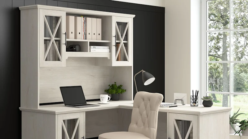 Lennox 60W Farmhouse L Shaped Desk with Hutch and Storage Cabinets