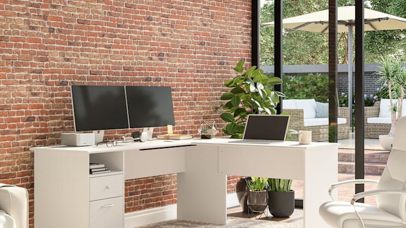 Cabot 72W L Shaped Computer Desk with Drawers in White