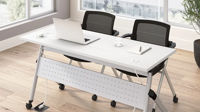 Envision 60W Training Table with Powered Grommets and 2 Chairs with Arms